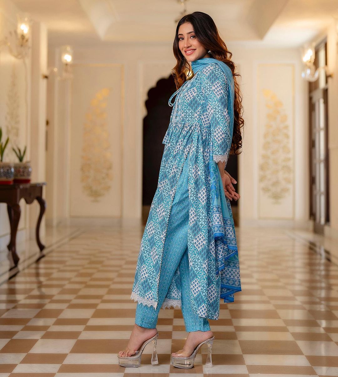A-Line Printed Cotton Suit with Sequin Embroidery and Mal Mal Dupatta Set
