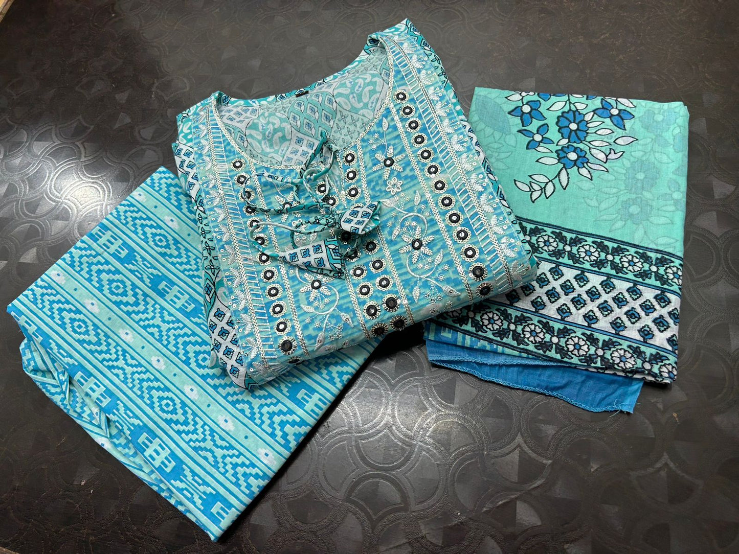 A-Line Printed Cotton Suit with Sequin Embroidery and Mal Mal Dupatta Set