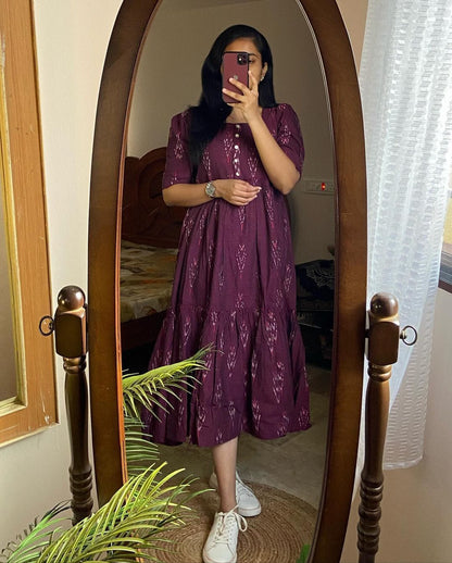 Maroon Ikat Cotton Flair Middy Gown