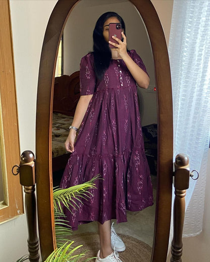 Maroon Ikat Cotton Flair Middy Gown