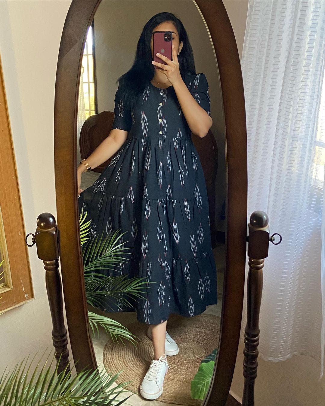 Black Ikkat Print Cotton Flair Middy Gown 47