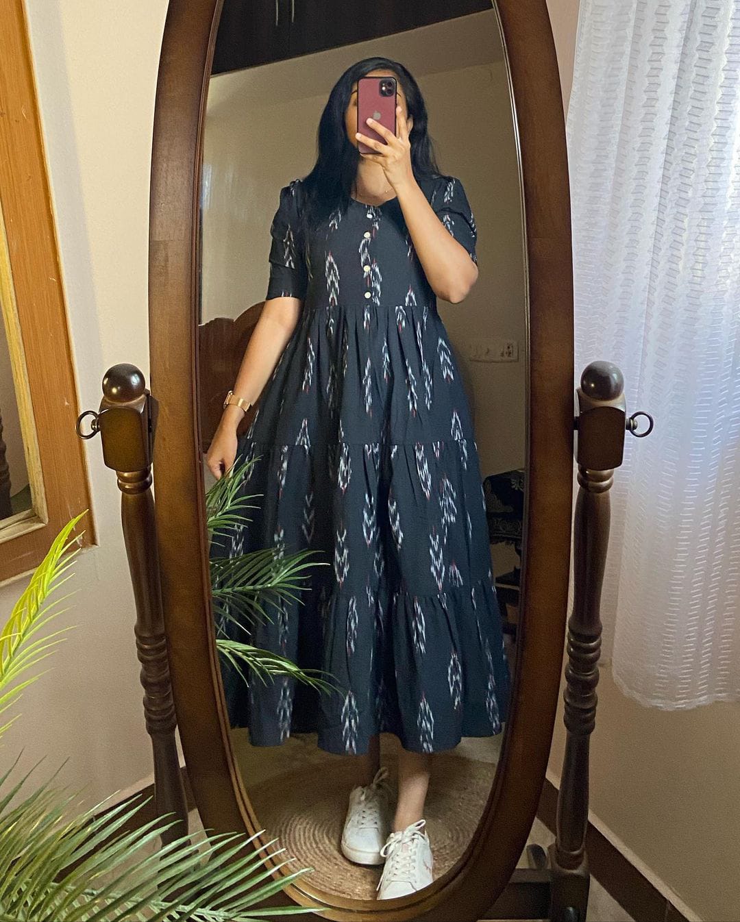Black Ikkat Print Cotton Flair Middy Gown - 47" Length, 61" Flair Black Ikkat Print Cotton Flair Middy Gown - 47" Length, 61" Flair