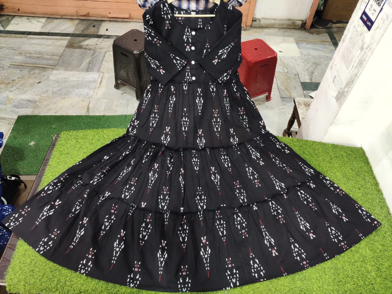 Black Ikkat Print Cotton Flair Middy Gown - 47" Length, 61" Flair