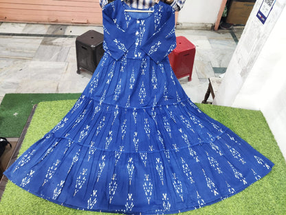 Ikat Middy Flare Gown - Cotton (Blue)