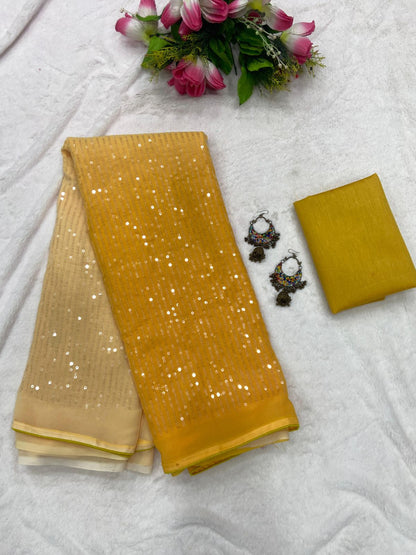 Georgette Saree with Siqunace Work and Contrast Piping