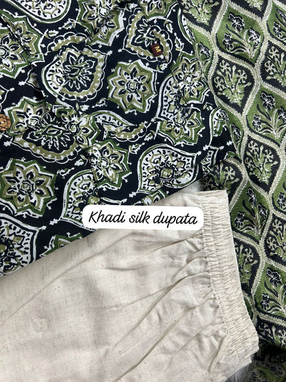 Ajrakh Work Cotton Kurta Set with Khadi Silk Dupatta