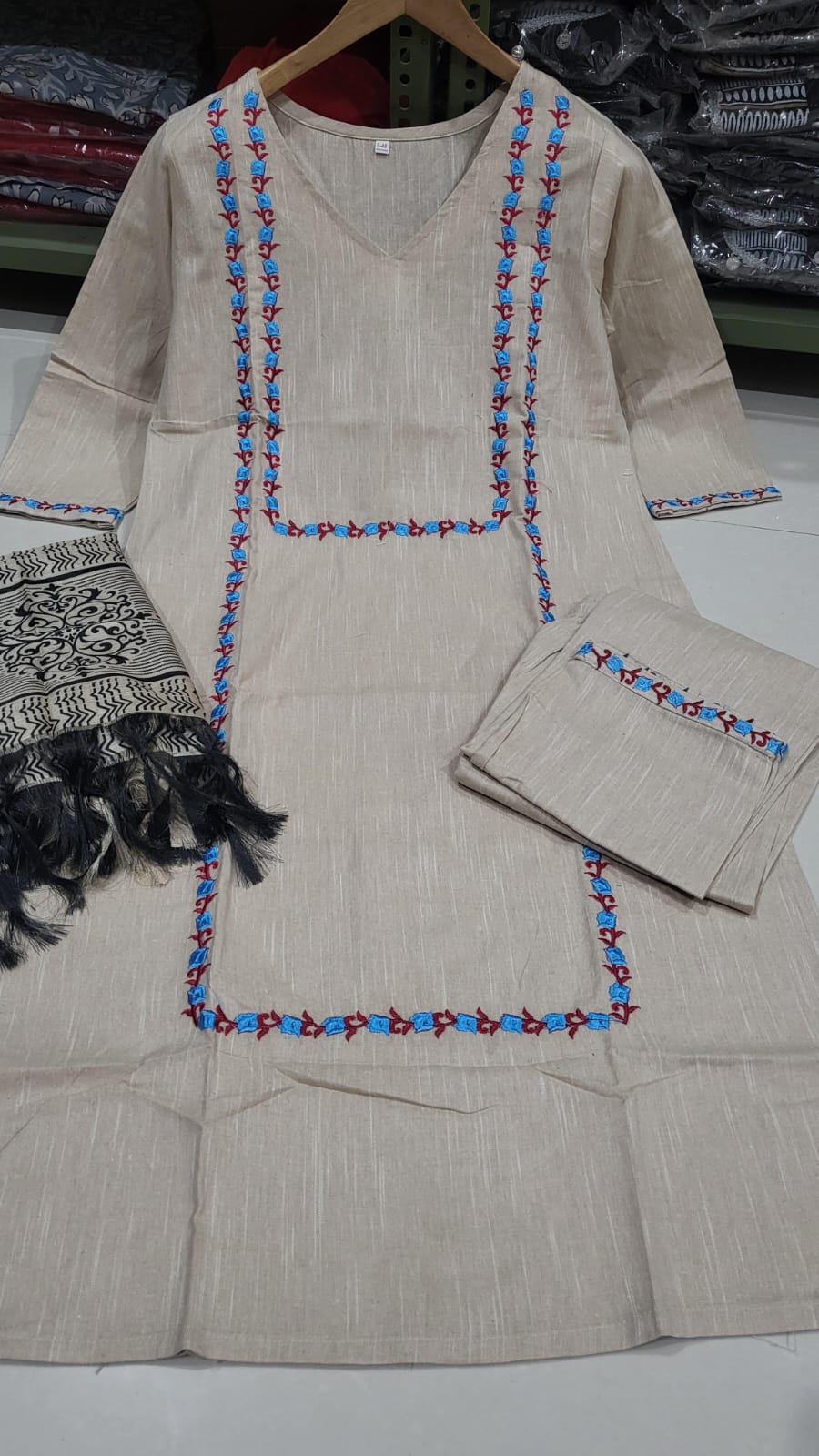Handloom Cotton Kurta Pant and Khadi Silk Ikat Print Dupatta Set with Resham Embroidery