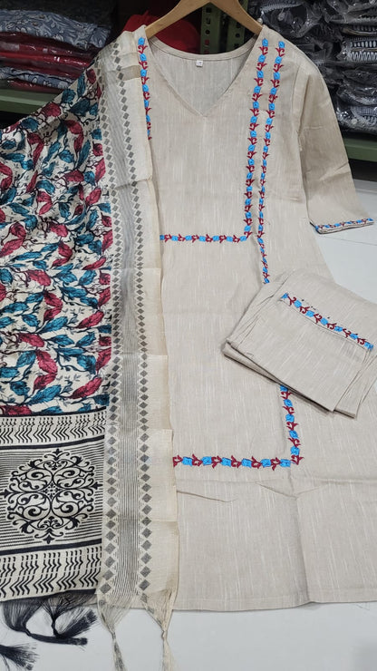 Handloom Cotton Kurta Pant and Ikat Print Dupatta Set with Resham Embroidery