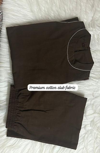 Brown Sleeveless Cotton Kurti with Kantha Detailing and Palazzo