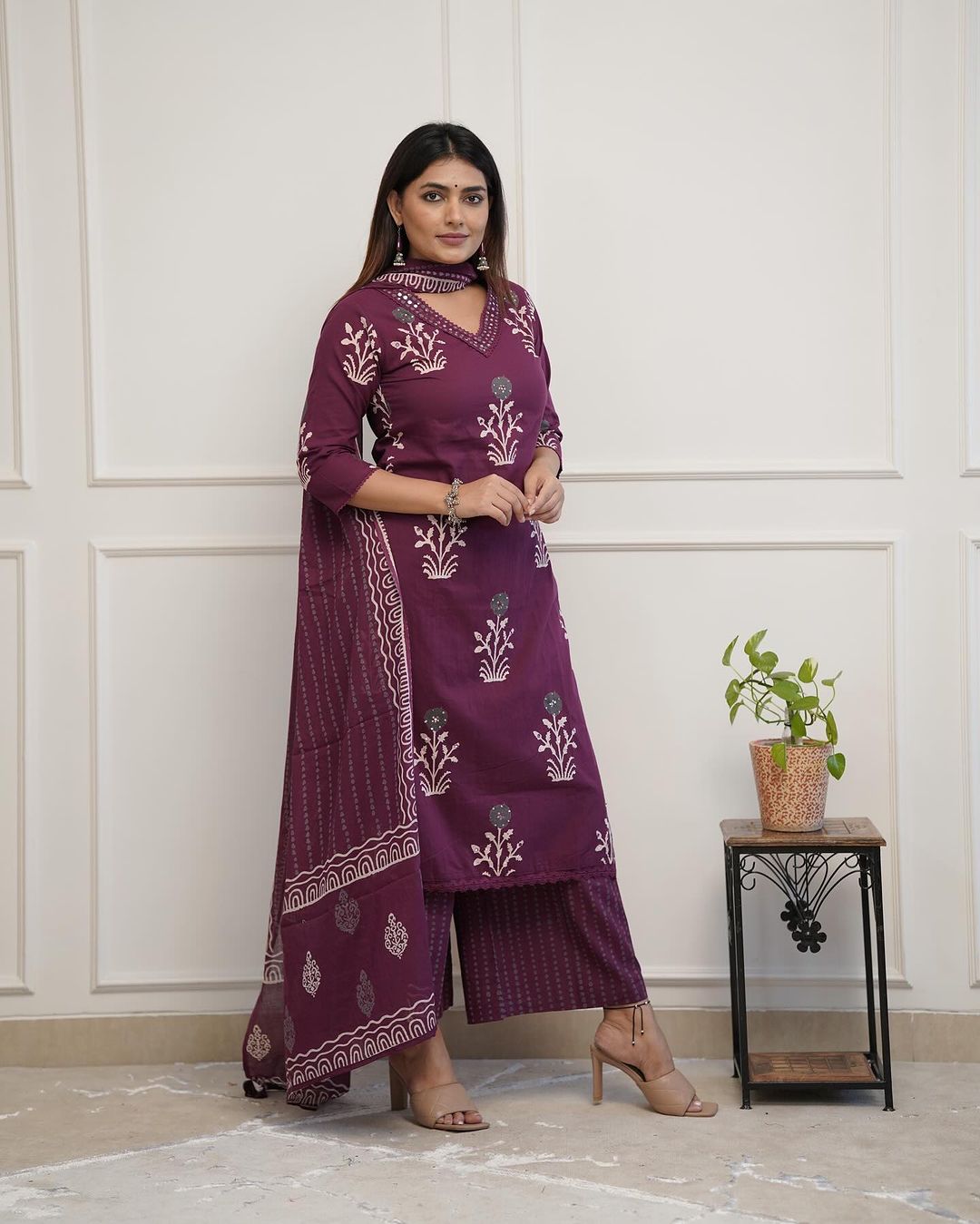 Wine Colored Cotton Kurti Palazzo Set with Lace & Sequence Work