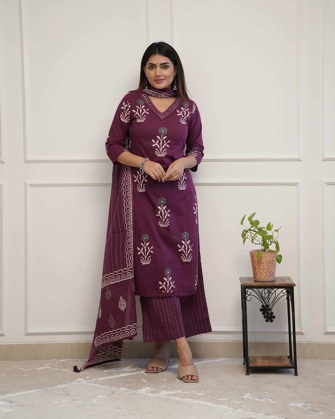 Wine Colored Cotton Kurti Palazzo Set with Lace Sequence Work