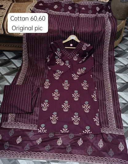 Wine Colored Cotton Kurti Palazzo Set with Lace & Sequence Work