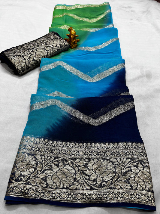 Zari Saree with Multicolored Jaipuri Weave and Border Detail
