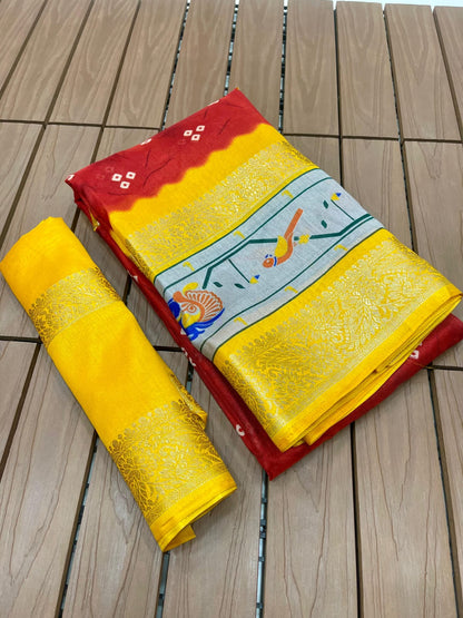 Digital Bandhani Saree with Dola Silk Fabric, Gold Zari Jacquard Border (5 Inch Double) & Pallu