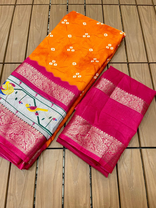Digital Bandhani Saree with Dola Silk Fabric, Gold Zari Jacquard Border (5 Inch Double) & Pallu