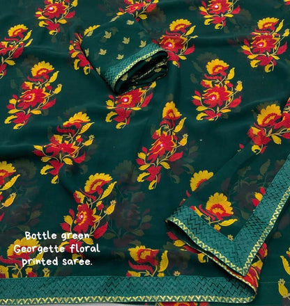 Bottle Green Georgette Saree with Multicolor Floral Prints and Tye & Dye Border