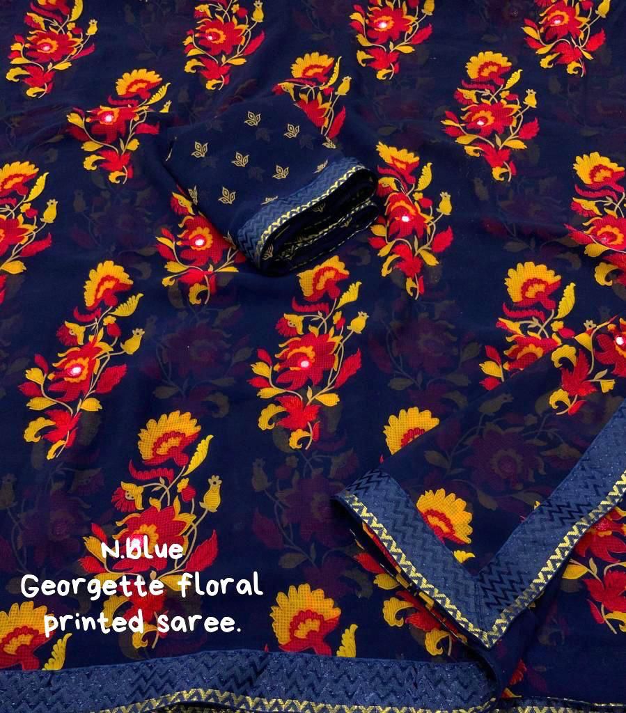 Navy Blue Georgette Saree with Multicolor Floral Prints