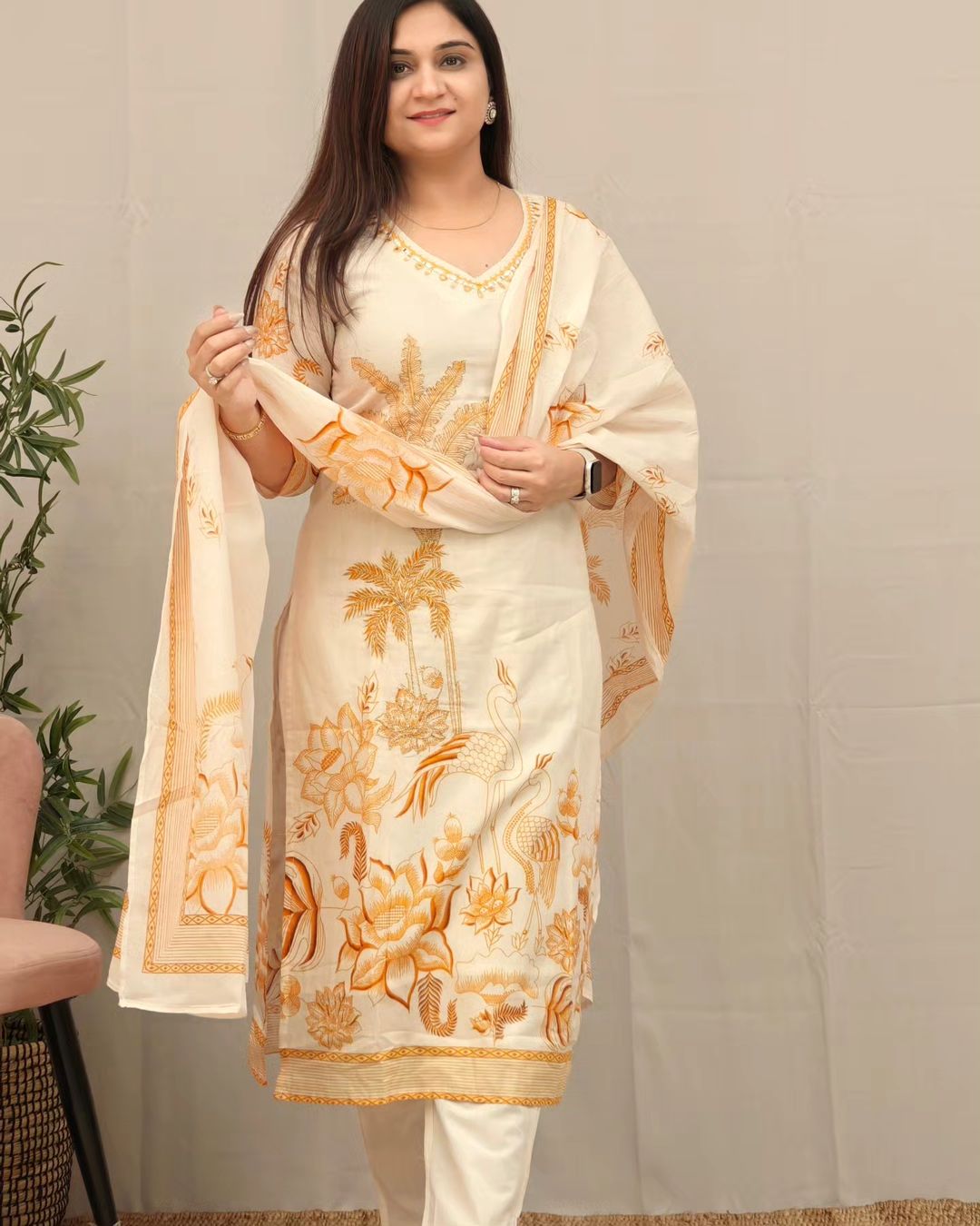3-Piece Cotton Suit Set with Embroidered Neckline