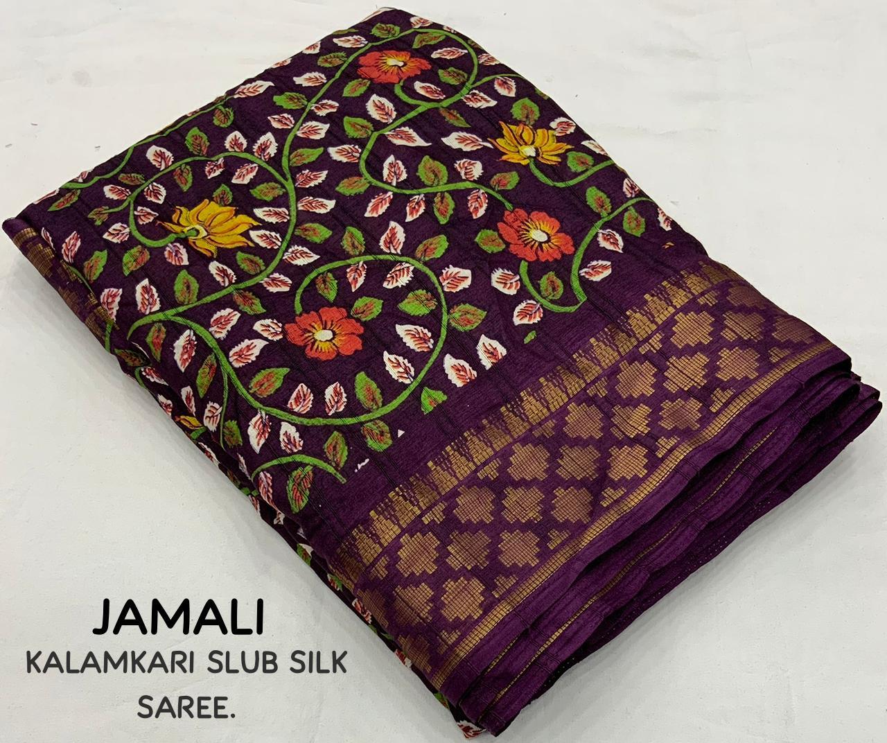 Jamali Slub Silk Kalamkari Printed Saree with Jacquard Woven Zari Border