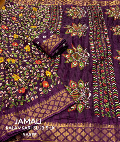 Jamali Slub Silk Kalamkari Printed Saree with Jacquard Woven Zari Border