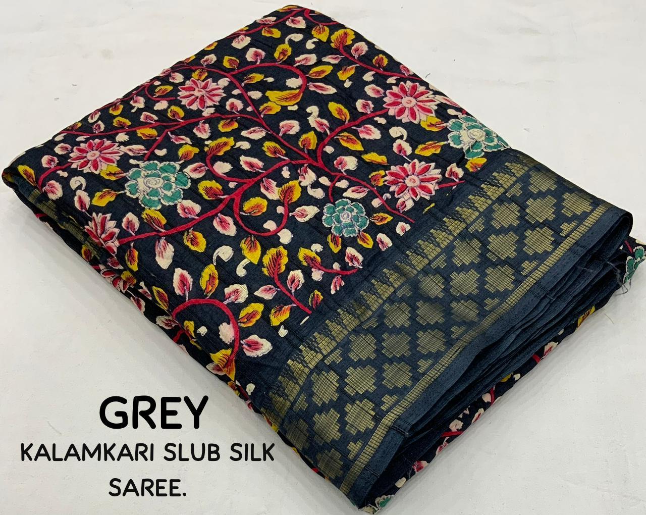 Grey Slub Silk Kalamkari Printed Saree with Jacquard Woven Zari Border
