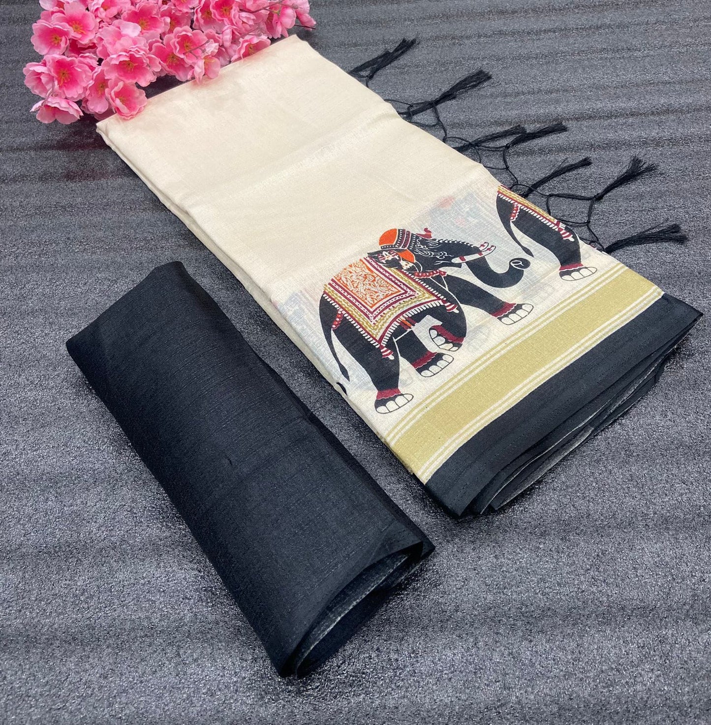 Silk Saree Set with Ikat Print and Contrast Blouse