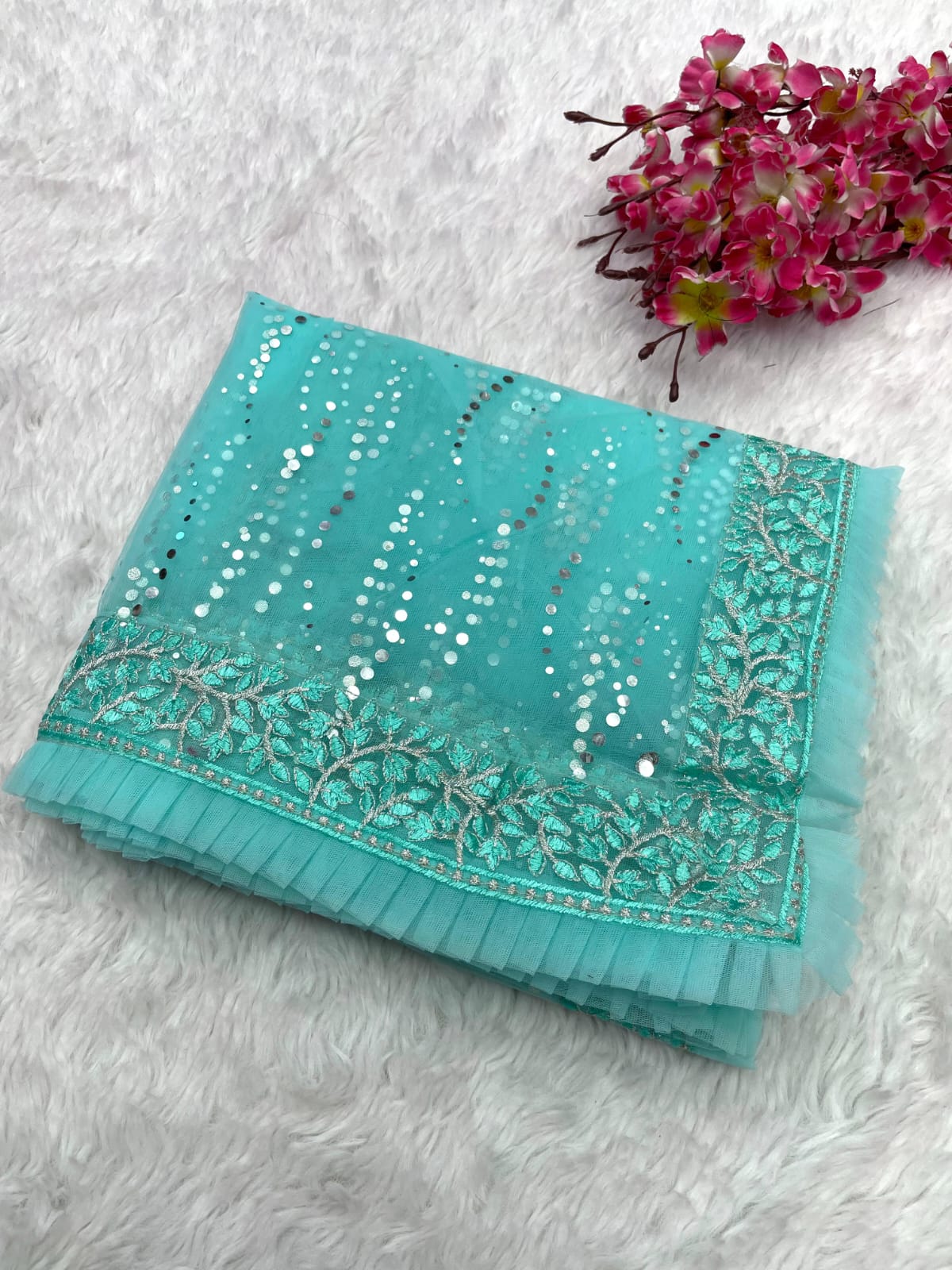 Mono Net Saree with Mirror Foil Work, Thread Embroidery, and Double Frill Border