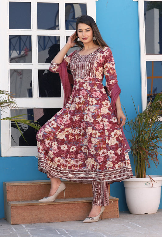 Floral Digital Print Rayon Anarkali Suit Set with Dupatta