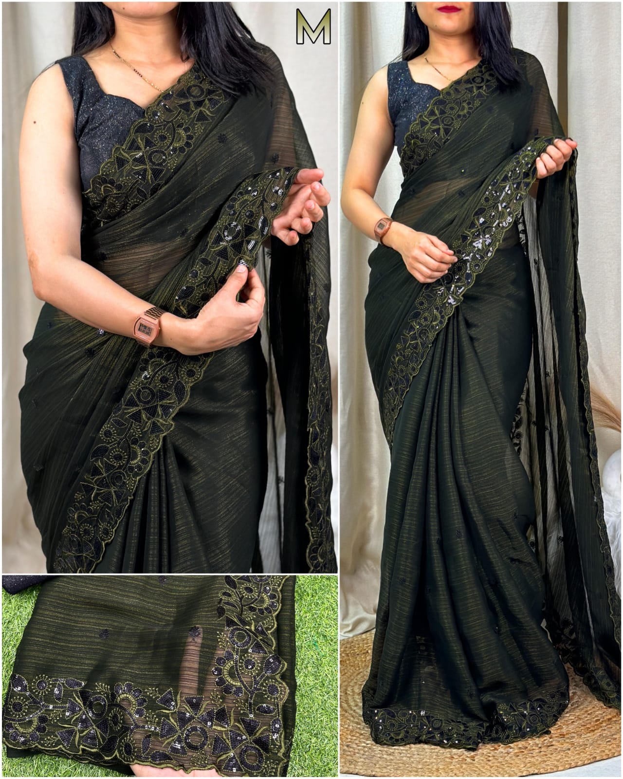 Two-Tone Blooming Chiffon Saree with Black Sequin and Thread Work