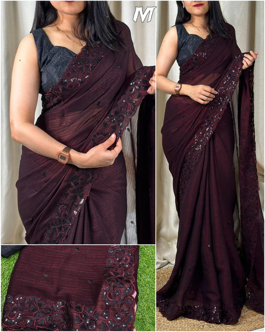 Two-Tone Blooming Chiffon Saree with Black Sequin and Thread Work
