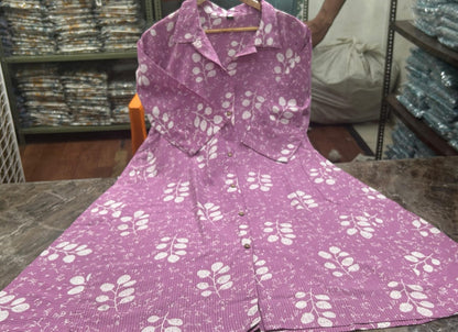 Pink Kantha Cotton A-Line Kurti Dress with 3/4 Sleeves