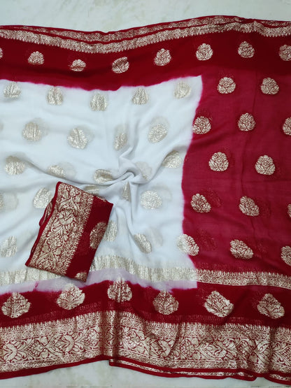 Georgette Jaipuri Saree with Rose Zari Weave and Contrasting Blouse