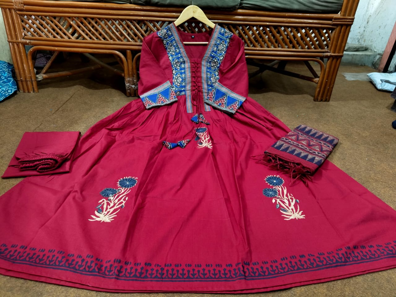 Cotton Anarkali Suit Set with Tappa Print & Kota Doria Dupatta