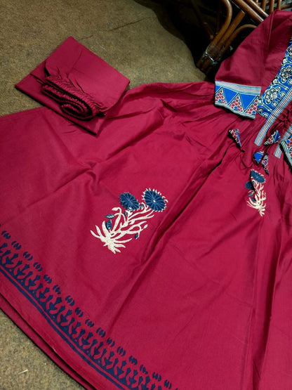 Cotton Anarkali Suit Set with Tappa Print & Kota Doria Dupatta