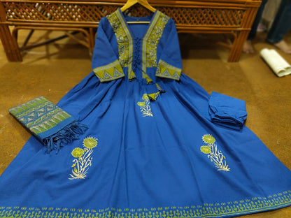 Cotton Anarkali Suit Set with Tappa Print & Kota Doria Dupatta