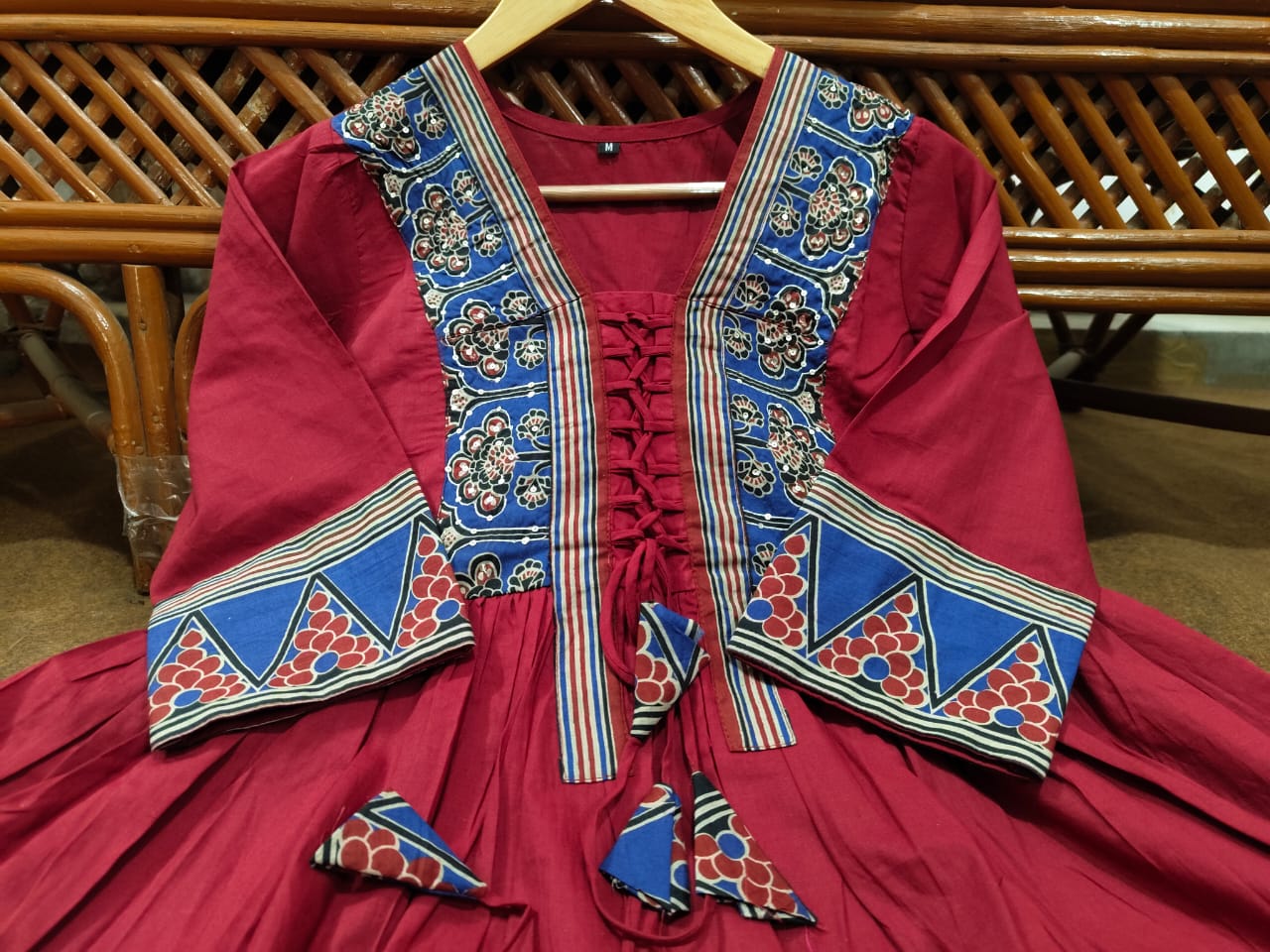 Cotton Anarkali Suit Set with Tappa Print & Kota Doria Dupatta