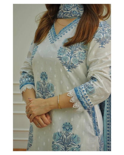 Handcrafted White-Grey Floral Afghani Suit Set
