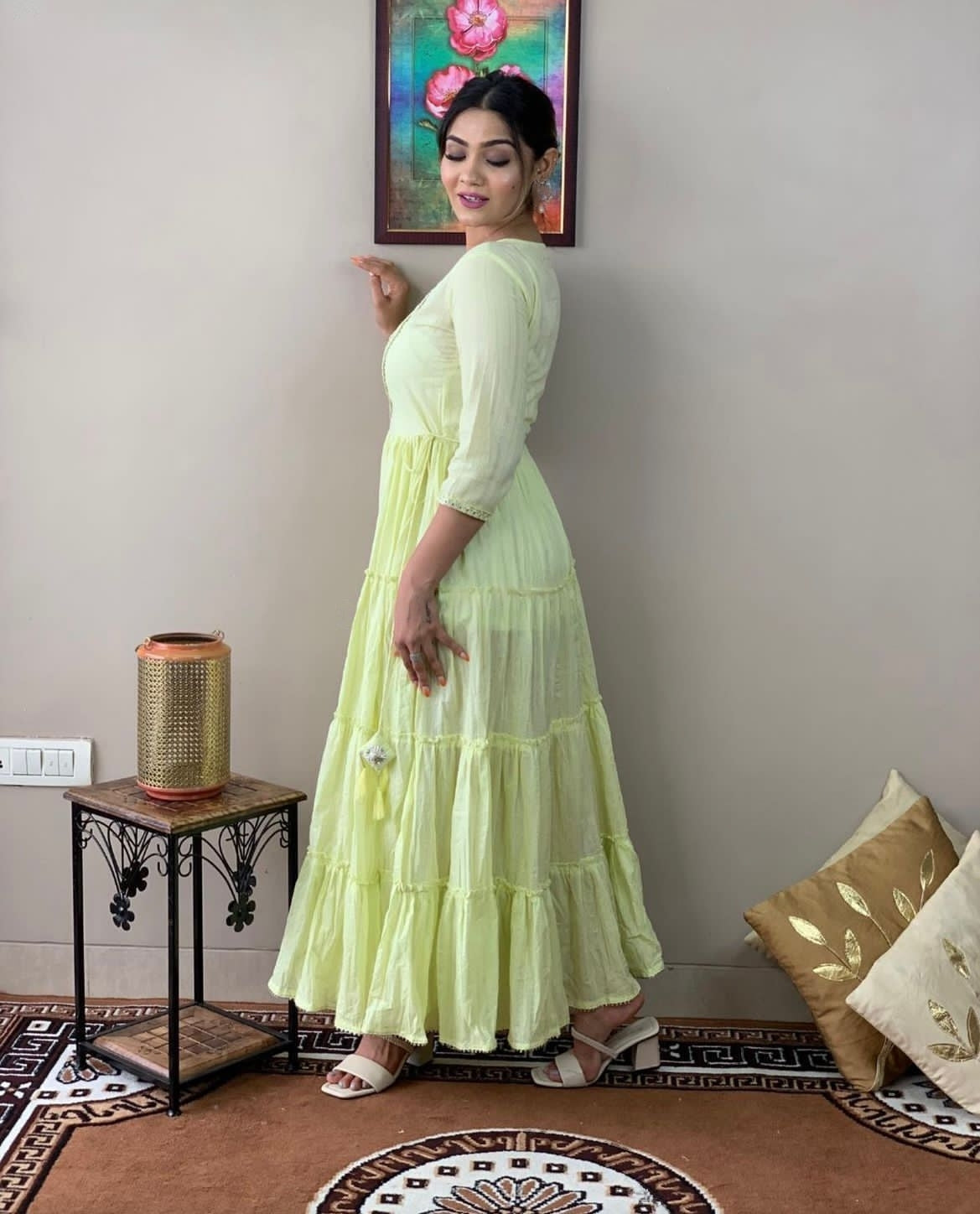 Elegant Light Green Floral Embroidered Rayon Lurex Long Gown