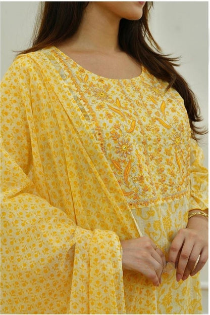 Yellow Cambric Cotton Suit Set with Embroidery and Sequin Detailing