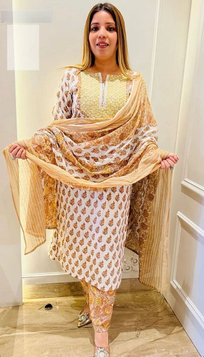 Elegant Beige Sanganeri Block Print Cotton Suit Set with Adda Work Detailing