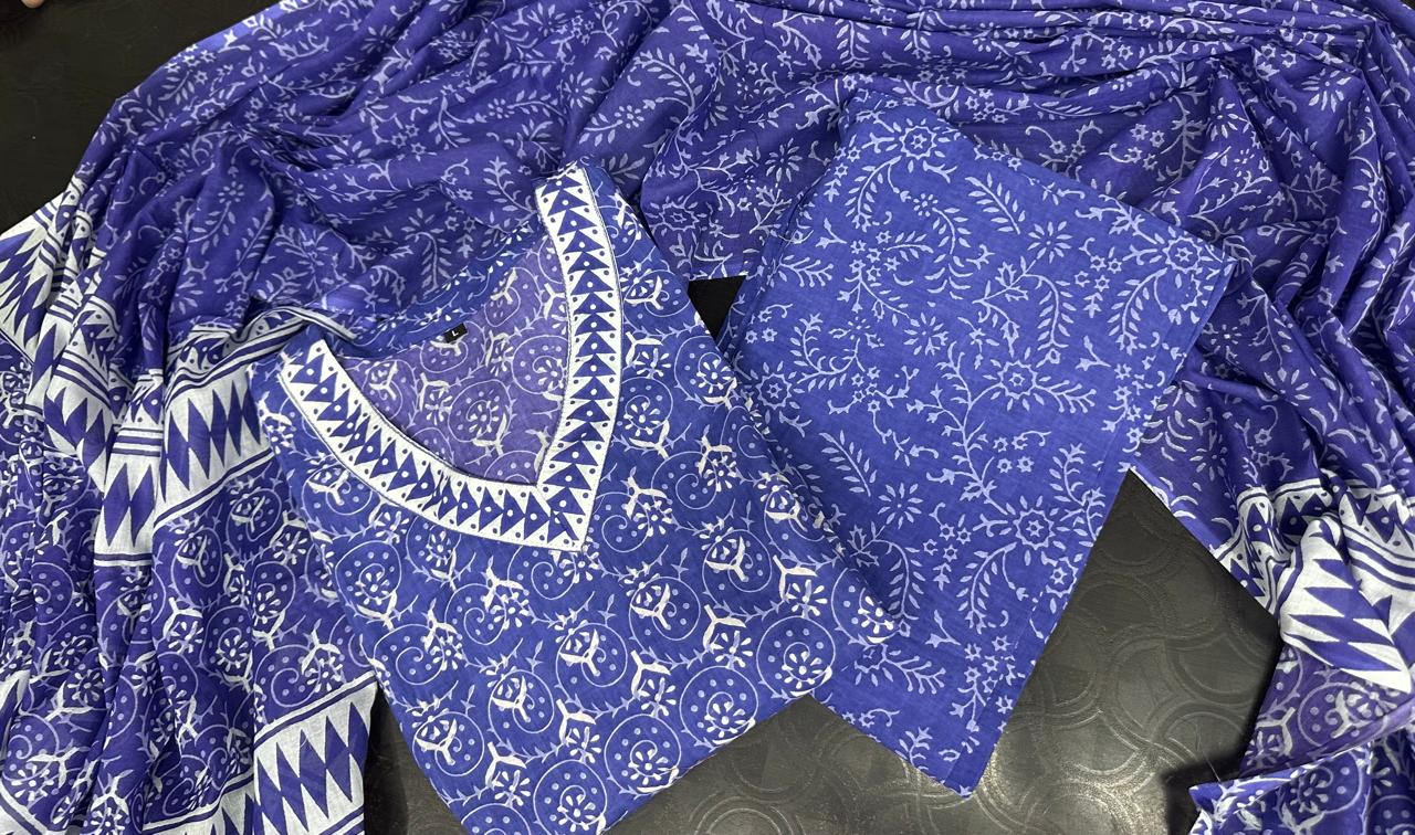 Women's Cotton Kurti Suit with Proccen Print (Kurti+Pant+Dupatta)