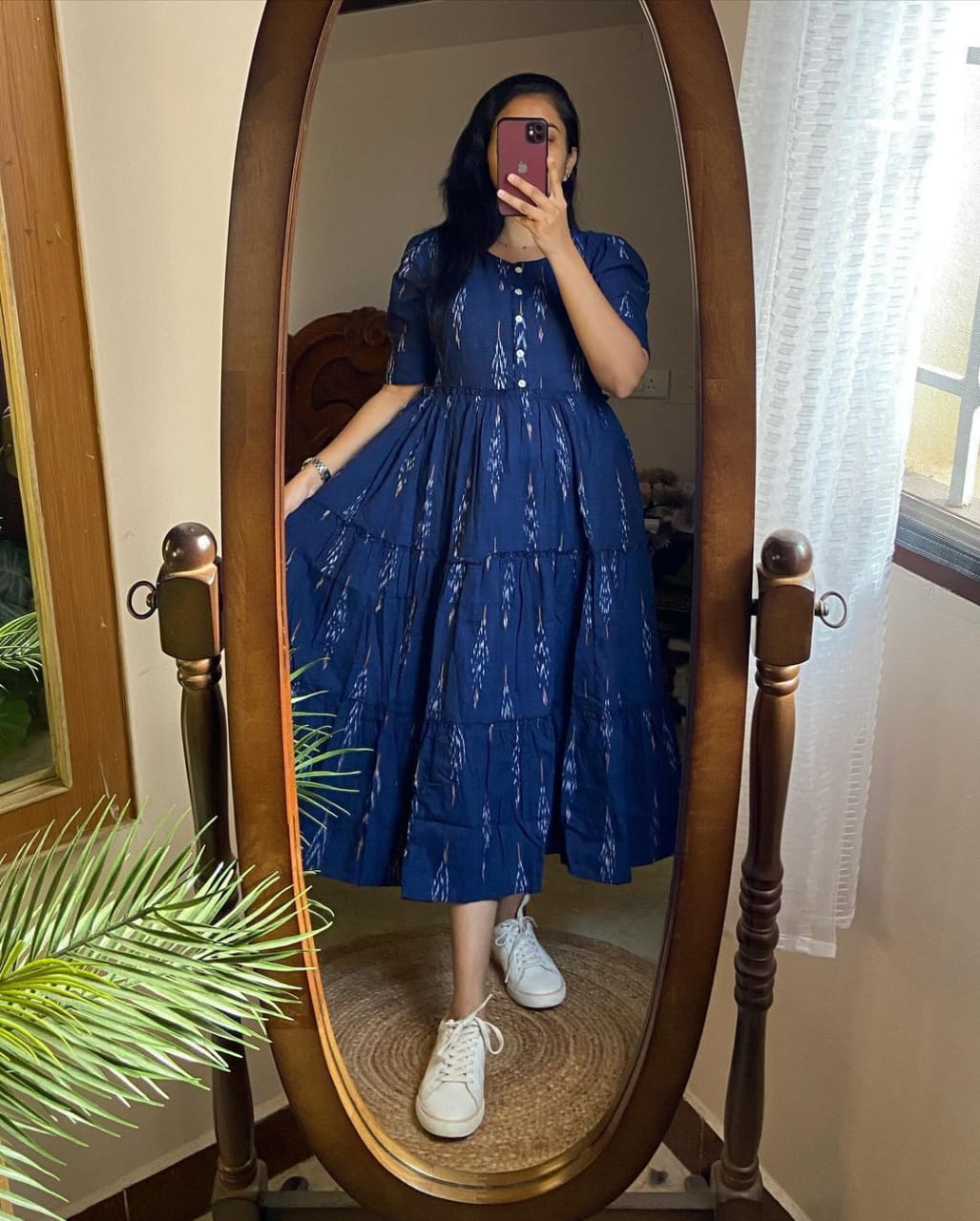 Ikat Print Cotton Midi Dress in Blue Sukriti Store Ikat Print Cotton Midi Dress in Blue Sukriti Store
