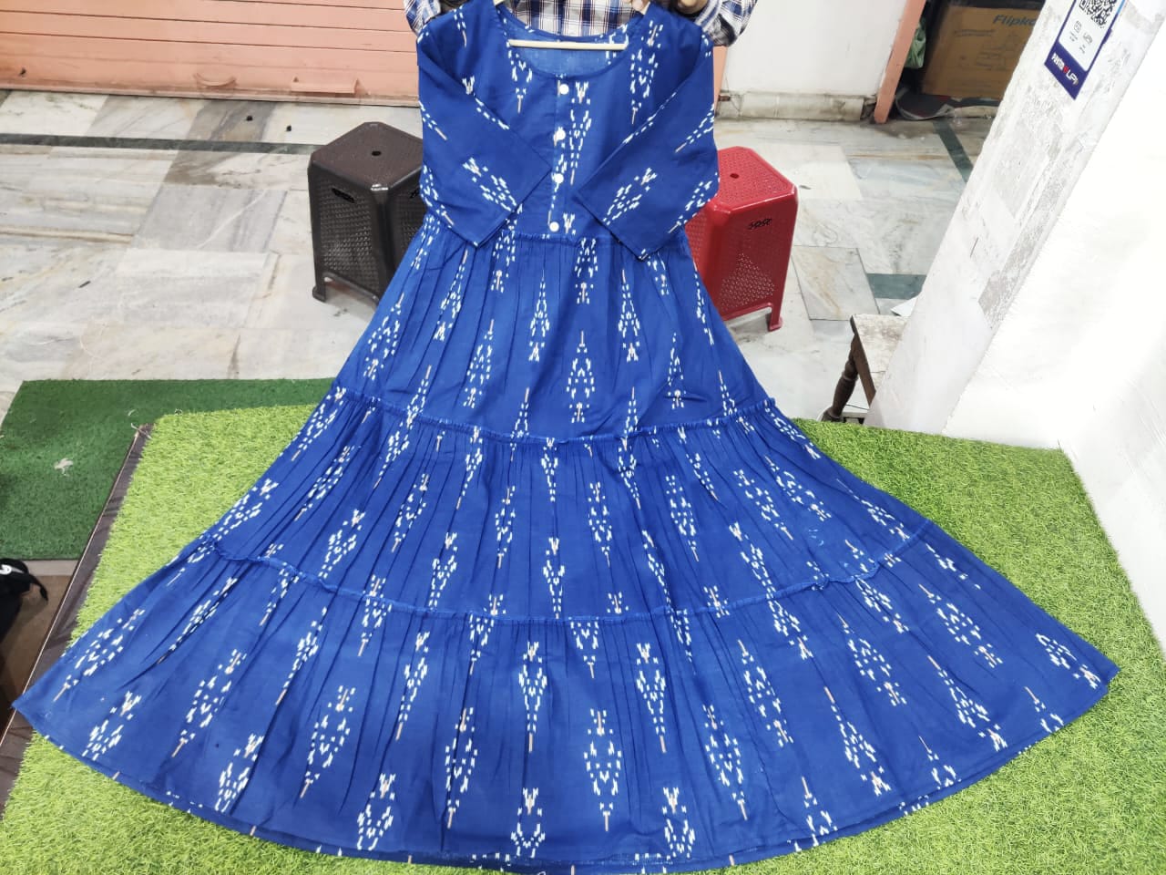 Ikat Print Cotton Midi Dress in Blue Sukriti Store Ikat Print Cotton Midi Dress in Blue Sukriti Store