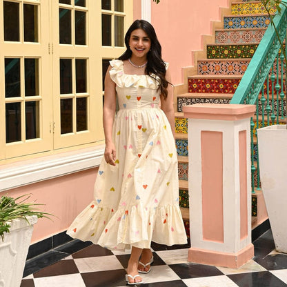 Cream Frill Dress - Crafted from Cotton with Allover Heart Print