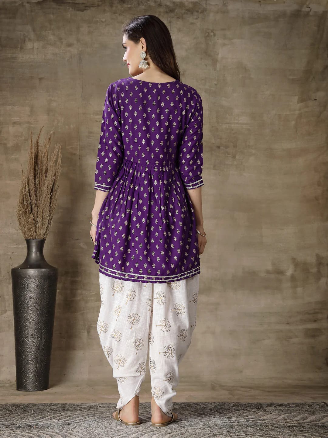 Violet Kurti Dhoti Set with Gold Prints, Embroidery & Gota Lace