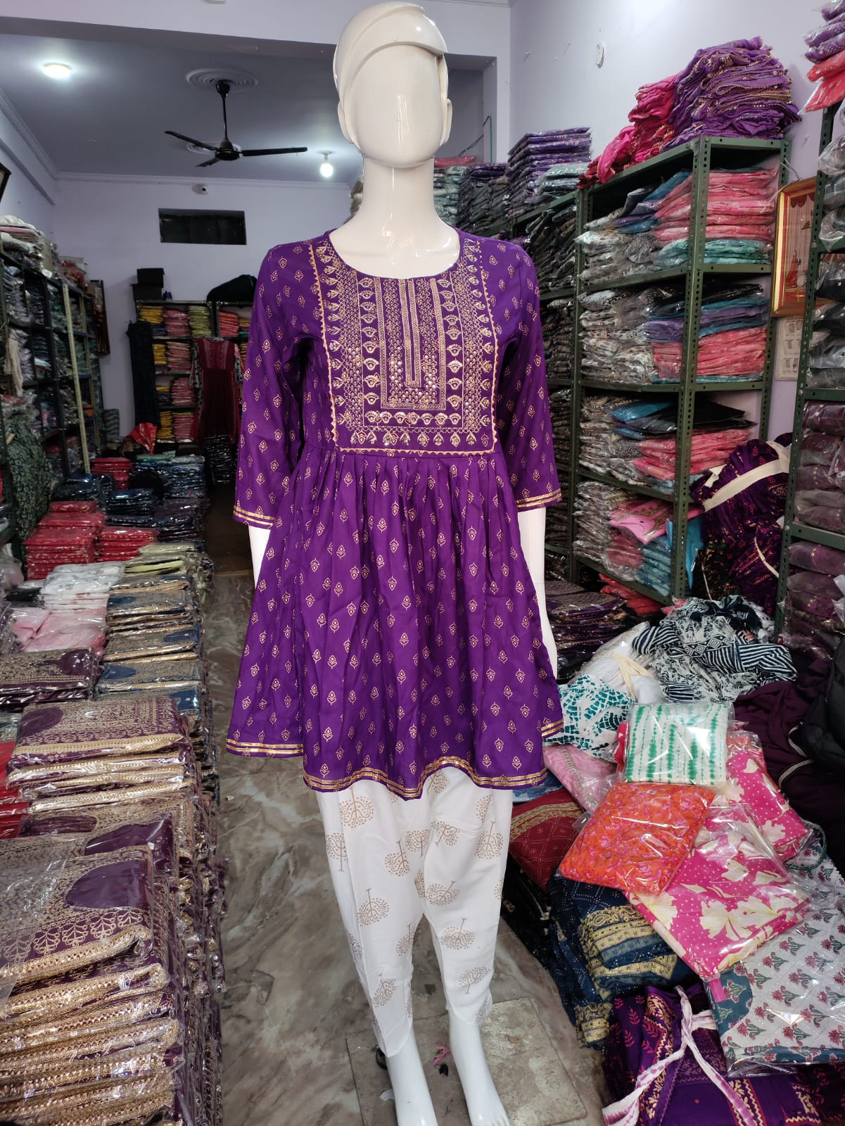 Violet Kurti Dhoti Set with Gold Prints, Embroidery & Gota Lace