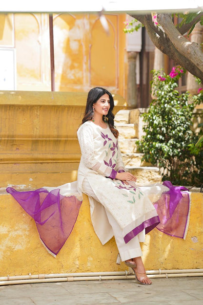 Cotton Shifley A-Line Kurta Set with Lining, Pant & Organza Dupatta