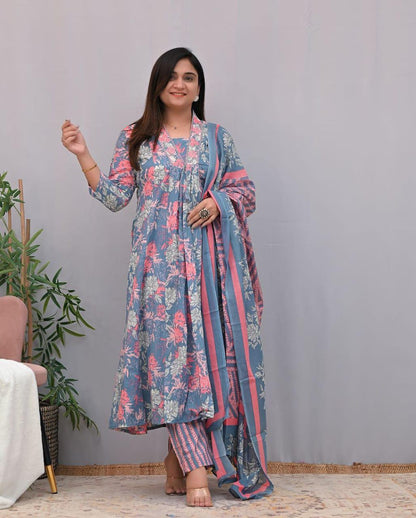 Floral Embroidered Cotton A-Line Kurta Pant Set with Dupatta