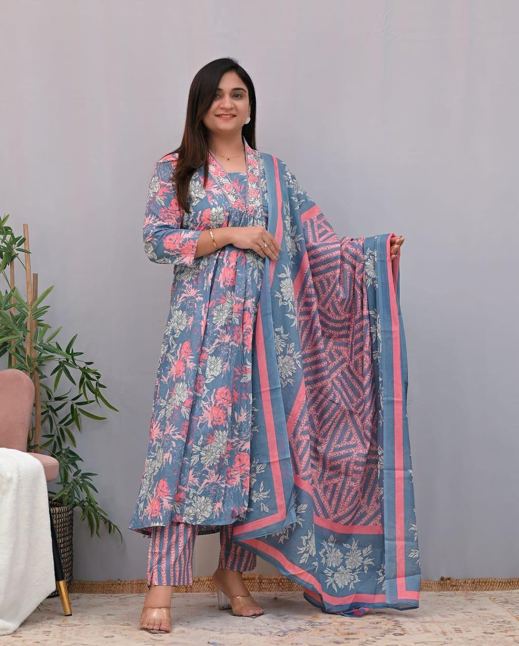 Floral Embroidered Cotton A-Line Kurta Pant Set with Dupatta