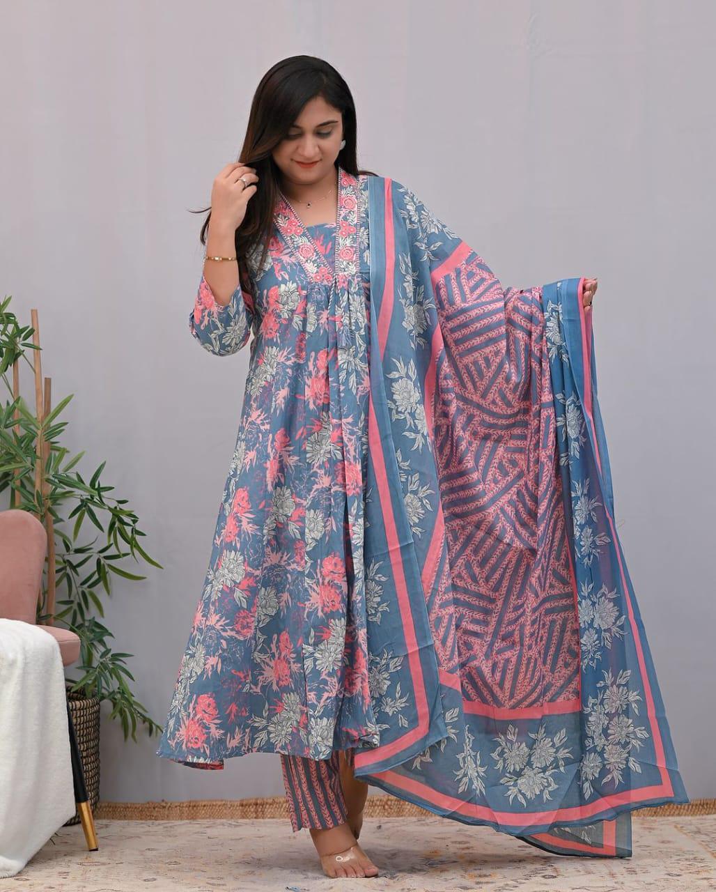 Floral Embroidered Cotton A-Line Kurta Pant Set with Dupatta